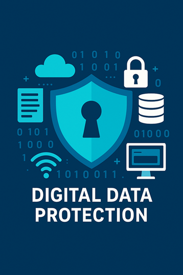 llustration of a secure digital network with data encryption icons and shield symbols