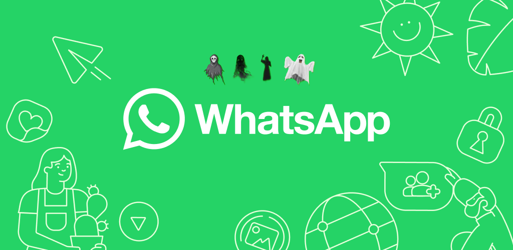A person looking at their phone with a worried expression, while a ghostly outline of a hacker monitors their WhatsApp messages on another device, symbolizing WhatsApp Ghost Pairing Fraud